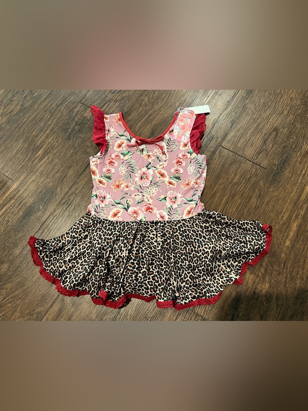 cheeky plum Pink Floral and Leopard Print Leotard with Red Trim